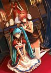  aqua_hair babydoll blue_eyes blush bow candle comb dress dutch_angle earrings gloves hair_ornament hairdressing hatsune_miku highres jeanex jewelry kneeling long_hair megurine_luka multiple_girls necklace no_shoes painting_(object) panties plate red_hair seiza short_hair sitting smile thighhighs twintails underwear very_long_hair vocaloid white_legwear 