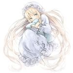  aquariumtama barefoot blonde_hair gosick hat hug long_hair nightgown pillow pillow_hug robe solo victorica_de_blois 