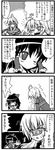  2girls 4koma ahoge alcohol animal_ears ascot bottle bow braid bubble cat_ears closed_eyes comic detached_sleeves drinking glasses greyscale hair_bow hair_tubes hakurei_reimu holding kirisame_marisa laser long_sleeves monochrome morichika_rinnosuke multiple_girls no_hat no_headwear one_eye_closed open_hands open_mouth outstretched_hand sake sake_bottle shigure_yuu_(es-lab) short_hair side_braid single_braid skirt skirt_set sweat sweatdrop touhou translated vomit wide_sleeves 