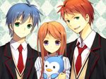  2boys animal aqua_eyes bad_id bad_pixiv_id bird blue_hair brown_hair holding mawaru_penguindrum multiple_boys orange_hair penguin penguin_2-gou purple_eyes sakuyamochi school_uniform takakura_himari takakura_kanba takakura_shouma 