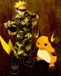  blonde_hair boots camouflage fingerless_gloves gen_1_pokemon gloves great_ball grin gym_leader jacket male_focus matis_(pokemon) military military_uniform poke_ball pokemon pokemon_(creature) pokemon_(game) pokemon_special raichu smile spiked_hair sunglasses uniform yapo_(mess) 