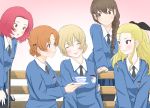  5girls :o absurdres arm_around_back assam bangs bench black_bow black_neckwear black_ribbon blonde_hair blue_eyes blue_sweater bow braid brown_eyes brown_hair closed_mouth commentary cup darjeeling dress_shirt emblem eyes_closed girls_und_panzer gradient gradient_background hair_bow hair_ornament hair_over_shoulder hair_pulled_back hair_ribbon hairclip hand_on_hip hands_on_own_thighs head_tilt highres holding_saucer light_blush long_hair long_sleeves looking_at_another medium_hair multiple_girls necktie open_mouth orange_hair orange_pekoe oze_(xyz_go_go11) parted_bangs parted_lips pink_background red_hair ribbon rosehip rukuriri saucer school_uniform shirt short_hair single_braid sitting sleeping smile st._gloriana&#039;s_(emblem) st._gloriana&#039;s_school_uniform standing sweater teacup tied_hair twin_braids v-neck v_arms white_shirt wing_collar 