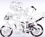  alternate_costume ass bare_shoulders boots breasts covered_nipples detached_sleeves fingerless_gloves gloves goggles goggles_on_head ground_vehicle hat ibaraki_kasen large_breasts monochrome motor_vehicle motorcycle okiraku_nikku simple_background solo thighhighs touhou 