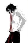  domon_kasshu g_gundam gundam headband i male male_focus monochrome simple_background solo spiked_hair spot_color topless undressing 