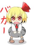  angry ascot blonde_hair blush dress fang hair_ribbon hecchi_(blanch) open_mouth red_eyes ribbon rumia short_hair solo tears touhou translated 