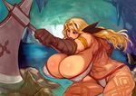  abs amazon_(dragon's_crown) armlet armor bent_over bikini bikini_armor blonde_hair bouncing_breasts breasts dragon's_crown feathers gigantic_breasts gloves halberd long_hair muscle polearm solo swimsuit tattoo thick_thighs thighs weapon zarusobababa 