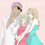  bad_id bad_pixiv_id bare_shoulders blonde_hair brown_eyes dark_skin dress formal green_eyes huang_baoling hug ike_gami karina_lyle lips long_hair multiple_girls nathan_seymour one_eye_closed pink_hair short_hair sleeveless sleeveless_dress suit sundress sunglasses tiger_&amp;_bunny 