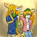  anthro arron arron: blonde_hair breasts camelia camelia: canine clothing duo female fennec flat_chest fox gradient_background green_eyes green_hair hair jeans long_hair madadh_ruadh male mammal open_shirt shirt small_breasts standing 