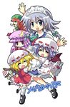  blonde_hair blue_hair braid chibi closed_eyes colonel_aki dress flandre_scarlet frilled_dress frills hat hong_meiling izayoi_sakuya maid_headdress multiple_girls patchouli_knowledge purple_eyes purple_hair red_hair remilia_scarlet silver_hair touhou twin_braids wings 