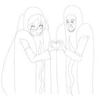  1girl greyscale hatsune_miku heart heart_hands heart_hands_duo hot_dog lineart long_hair lowres monochrome twintails very_long_hair vocaloid 