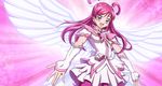  angel_wings cure_dream earrings elbow_gloves eyelashes fingerless_gloves flower gensou_(mopoepei) gloves hair_ornament hair_rings highres jewelry long_hair looking_at_viewer magical_girl open_mouth pink pink_background pink_flower pink_hair pink_rose pink_shorts precure purple_eyes rose shining_dream shorts smile solo wings yes!_precure_5 yumehara_nozomi 