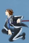  brown_eyes brown_hair highres katana male_focus necktie persona persona_2 school_uniform solo suou_tatsuya sword utsuki_(clown) weapon 