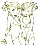  2girls :3 bikini futami_ami futami_mami idolmaster monochrome multiple_girls nekomata_naomi siblings side_ponytail sisters swimsuit twins wristband 