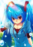  2mota bad_id bad_pixiv_id blue_hair hatsune_miku long_hair red_eyes smile solo twintails very_long_hair vocaloid 