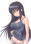  bikini black_hair blush breasts brown_eyes covered_nipples large_breasts long_hair muffin_(sirumeria) navel no_bra open_mouth panties shirt_lift solo striped striped_panties swimsuit tank_top tsuyokiss underwear upper_body yashi_nagomi 