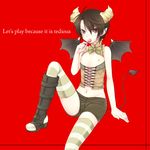 bat_wings blush boots bow bowtie brown_hair candy corset demon horns lollipop male male_focus midriff navel nipples original pointy_ears red_eyes short_hair shorts simple_background sitting solo striped striped_legwear striped_thighhighs tail thighhighs wings 