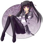  akemi_homura alternate_hairstyle bangs black_hair black_hairband blush commentary_request fingernails frills full_body grey_ribbon hair_ribbon hairband hand_on_own_knee high_heels long_hair long_sleeves magical_girl mahou_shoujo_madoka_magica neck_ribbon pantyhose purple_eyes red_ribbon ribbon sakai_sakae sidelocks sitting skirt solo twintails 