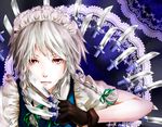  bad_id bad_pixiv_id between_fingers braid face gloves izayoi_sakuya knife lace maid_headdress o-zone red_eyes silver_hair solo too_many too_many_knives touhou twin_braids 