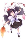  brown_hair fan from_above hat hauchiwa looking_at_viewer open_mouth purple_eyes shameimaru_aya skirt smile solo tokin_hat touhou wings wudi_de_pangxie 