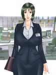  blazer breasts curvy erect_nipples formal green_eyes green_hair hips holding huge_breasts lipstick makeup milf nail_polish name_tag office office_lady shirt short_hair skirt solo standing uniform wide_hips zigzag_company 