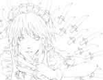  bad_id bad_pixiv_id between_fingers braid face gloves greyscale izayoi_sakuya knife lineart maid_headdress monochrome o-zone solo too_many too_many_knives touhou twin_braids 