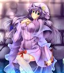  blue_eyes blush book bow breasts brooch capelet crescent hair_bow hat highres jewelry large_breasts long_hair monikano patchouli_knowledge purple_hair purple_legwear solo thighhighs touhou very_long_hair 