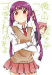  1girl :&lt; ao_no_exorcist can't_be_this_cute closed_eyes crossed_arms eyebrows kamiki_izumo md5_mismatch necktie ore_no_imouto_ga_konna_ni_kawaii_wake_ga_nai parody pink_hair pleated_skirt pout purple_hair red_eyes school_uniform shima_renzou short_eyebrows siena0817 skirt sweater_vest tsundere twintails 