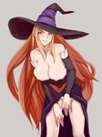  bare_shoulders blush breasts cleavage detached_sleeves dragon&#039;s_crown dragon's_crown dress hat large_breasts leaning_forward long_hair long_skirt red_hair skirt smile solo sorceress sorceress_(dragon&#039;s_crown) sorceress_(dragon's_crown) standing strapless_dress vanillaware very_long_hair witch witch_hat 