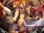  5boys abuto bandages black_hair blonde_hair blood braid deco_(geigeki_honey) gintama grin headphones kamui_(gintama) kawakami_bansai kijima_matako multiple_boys short_hair single_braid smile sunglasses sword takasugi_shinsuke takechi_henpeita weapon 