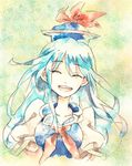  blue_hair duplicate hat kamishirasawa_keine lowres shinoasa smile solo touhou 