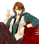  brown_eyes brown_hair couch facial_hair jewelry kaburagi_t_kotetsu male_focus necktie one_eye_closed ring shinjou_mayu solo stubble tiger_&amp;_bunny v vest watch wedding_band wristwatch 