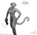  big_breasts breasts dialog dialogue feline female gun mammal muscles muscular_female nipples nude panther pistol plain_background pornthulhu pussy ranged_weapon scar sci-fi solo tail text weapon white_background 