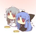  blue_hair blush bow bowl chibi gradient gradient_background hair_bow half_updo hazuki_ruu len long_hair multiple_girls no_mouth red_eyes silver_hair sitting tsukihime v_arms white_len 