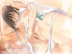  1boy 1girl black_hair breast_grab breasts censored closed_eyes eyes_closed fault fault!! fingering game_cg grabbing man mixed_bathing nipples no_bra panties panty_pull pussy saeki_ai shower taka_tony tanaka_takayuki underwear wet 