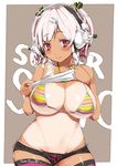  bikini bikini_top blush breasts cleavage hair_ornament hairclip headphones hips huge_breasts jewelry miyamoto_issa necklace nitroplus one-piece_tan pink_hair red_eyes shirt_lift short_hair smile solo star super_sonico swimsuit tan tank_top tanline thighhighs underboob wide_hips 