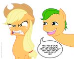  applejack_(mlp) blonde_hair blue_eyes dialog english_text equine female feral friendship_is_magic fruit green_eyes green_hair hair hasbro horse jdan-s male mammal my_little_pony open_mouth orange_(fruit) plain_background ponification pony text white_background 