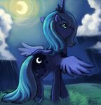  blue_eyes blue_hair cloud crown cutie_mark electriczebra equine female feral friendship_is_magic grass hair hasbro horn horse mammal moon my_little_pony night outside pegacorn princess_luna_(mlp) solo winged_unicorn wings 