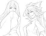  bow breasts cleavage covering_mouth face fangs fujiwara_no_mokou greyscale grin hair_bow hiroya_juuren houraisan_kaguya large_breasts lineart long_hair monochrome multiple_girls no_bra ponytail shirt sleeves_past_wrists slit_pupils smile smirk torn_clothes touhou wide_sleeves 