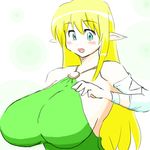  bare_shoulders blonde_hair blue_eyes breasts elf huge_breasts long_ears no_bra pointy_ears shirt sideboob solo tiffania_westwood upper_body zero_no_tsukaima 