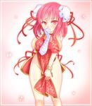  bandages blush breasts bun_cover chain china_dress chinese_clothes covering covering_crotch cuffs double_bun dress flower groin hand_on_own_face ibaraki_kasen large_breasts naked_tabard no_bra no_panties pink_eyes pink_flower pink_hair pink_rose revealing_clothes rose shackles shouko_(airen) sideboob solo tabard touhou 