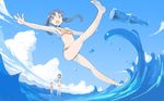  :o armpits ball barefoot bikini black_hair blue bottle cloud day falling feet from_below leg_hug looking_at_viewer multiple_girls ocean open_mouth original outdoors outstretched_arms purple_eyes purple_hair sky splashing spread_arms summer swimsuit tko_(kkk66) twintails wading water waves 