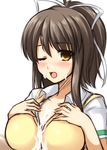  after_paizuri asuka_(senran_kagura) bad_id bad_pixiv_id breast_squeeze breasts brown_eyes brown_hair cleavage cum cum_on_body cum_on_breasts cum_on_clothes cum_on_upper_body don_(29219) facial large_breasts one_eye_closed open_mouth senran_kagura senran_kagura_shoujo-tachi_no_shin'ei solo sweater_vest 