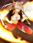  bad_id bad_pixiv_id bandages bokken cigarette earrings fire fujiwara_no_mokou jacket jewelry jumping long_hair nakamura_regura open_clothes open_jacket pants ponytail sarashi silver_hair sleeves_rolled_up smoke smoking solo sword touhou weapon wooden_sword 