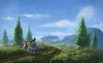  2011 bindle cloud clouds dragon flower friendship_is_magic grass green_body green_eyes green_spikes hasbro male moe mountain my_little_pony path purple_body scalie sky solo spike_(mlp) tree walking wallpaper widescreen wood young 