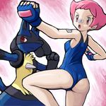  ass bandaid fighting_stance fingerless_gloves gen_4_pokemon gloves lucario open_mouth pink_eyes pink_hair pokemoa pokemon pokemon_(creature) pokemon_(game) pokemon_dppt sumomo_(pokemon) sweat 