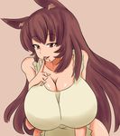  animal_ears apron breasts brown_hair chocolate fox_ears huge_breasts long_hair naked_apron red_eyes simple_background solo upper_body wolf_ears zeon_(pixiv722928) 