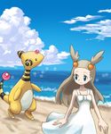  ampharos beach blue_eyes brown_hair cloud day dress gen_2_pokemon gym_leader hair_ornament karupisu long_hair mikan_(pokemon) ocean outdoors pokemon pokemon_(creature) pokemon_(game) pokemon_gsc sand sky two_side_up water 