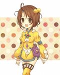  ahoge bag brown_eyes brown_hair hair_bobbles hair_ornament l_a_n_a norma_beatty open_mouth polka_dot polka_dot_background short_hair skirt smile solo tales_of_(series) tales_of_legendia thighhighs yellow_background yellow_legwear yellow_skirt zettai_ryouiki 