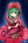  bow dress frills front_ponytail green_eyes green_hair hair_bow hair_ribbon kagiyama_hina kugi_(kugi-xiv) ribbon short_sleeves sitting solo touhou wrist_cuffs 