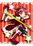  ;q bare_shoulders black_legwear boots frills long_hair magical_girl mahou_shoujo_madoka_magica md5_mismatch microphone microphone_stand one_eye_closed pleated_skirt ponytail red_eyes red_hair sakura_kyouko skirt smile solo squatting star thighhighs tongue tongue_out yokoshima_(euphoria) 